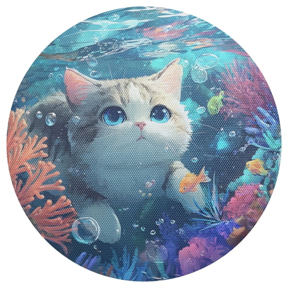 Cute Cat Corals Undersea PVC Round Grid Placemat Table Mat 1 Pc 15.4" x 15.4"