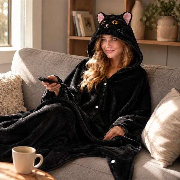 Cute Cat Costume Blanket, Halloween Blanket, Adult Wearable Blanket, Cat Blanket Hoodie Oversized Soft Sherpa Hoodie Women Throw Cloak Wrap Soft Throw Blanket