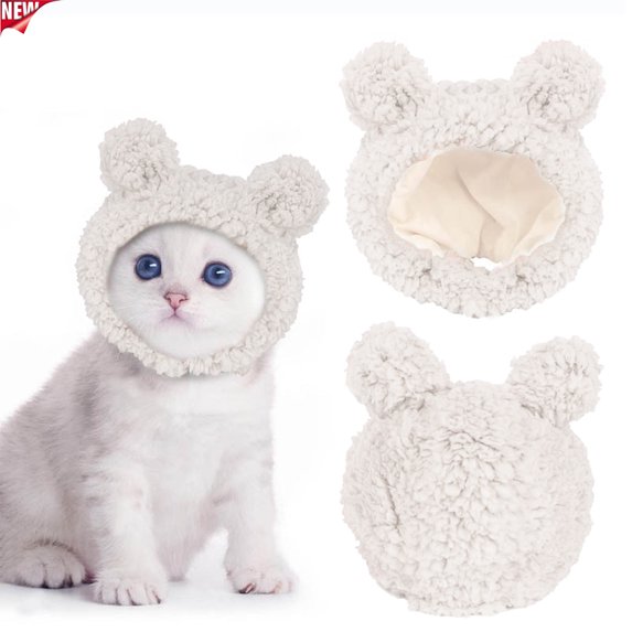 Cute Cat Costume Fluffy Bear Panda Ears Pet Hat, Soft Cotton Linen Adjustable Costume Cap, Cute Photo Prop Headwear for Small Medium Kittens Puppies, Holiday Birthday Party Cosplay Pet Accessory