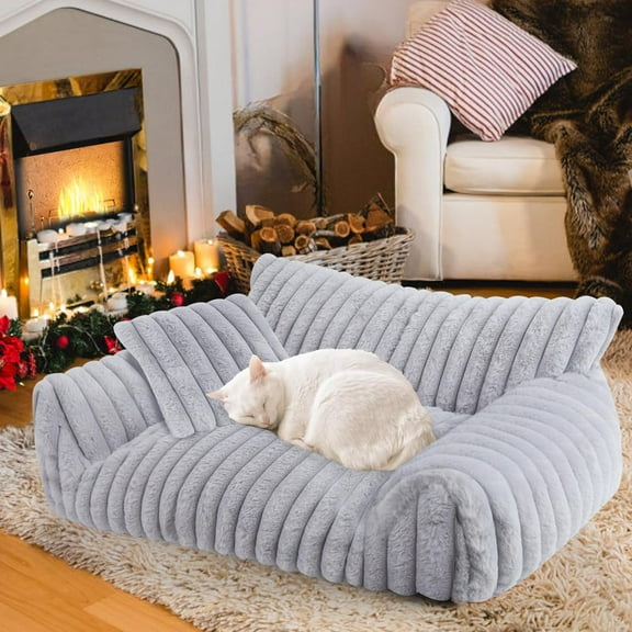 Cute  Couch Bed for Indoor Cats, Fluffy Pet  Sofa with  Soft Corduroy Fleece, Cute Small  Beds for Small Dogs, Fuzzy Puppy Chair with Removable Washable Cover (24x18x10,Grey)