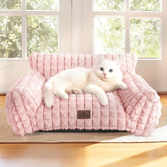 Cute Cat Couch Bed Supportive Fluffy Pet Sofa With Faux Rabbit Fur Washable Cover In 3D Diamond Pattern 24 Pink