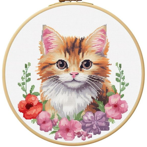 Cute Cat DIY Stamped Cross Stitch Kits for Beginners Easy with Hoop 11CT Needlepoint Embroidery Counted Cross Stitch Kits Art Craft Wall Decor and Gift 35x35cm(3)