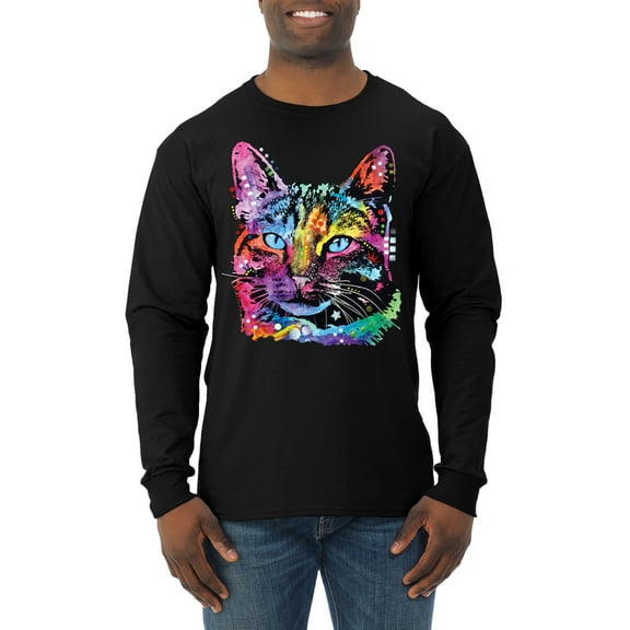 Cute Cat | Dean Russo Art Animal Lover Mens Long Sleeve Shirt, Black, Large