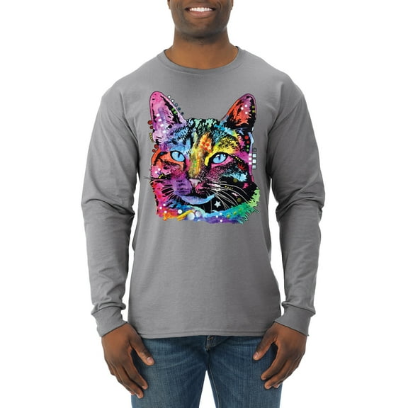 Cute Cat | Dean Russo Art Animal Lover Mens Long Sleeve Shirt, Heather Grey, Small