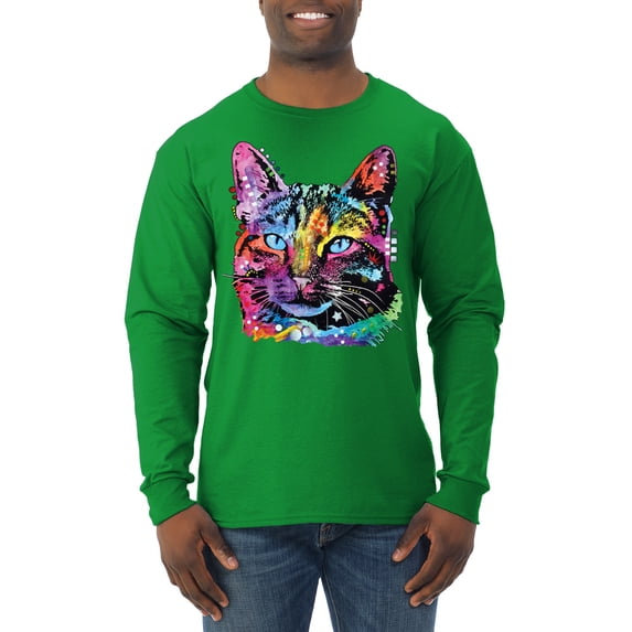 Cute Cat | Dean Russo Art Animal Lover Mens Long Sleeve Shirt, Kelly, X-Large
