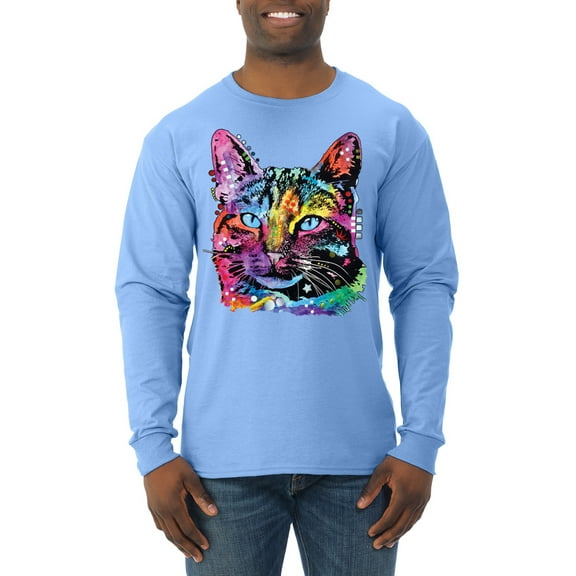 Cute Cat | Dean Russo Art Animal Lover Mens Long Sleeve Shirt, Light Blue, 3X-Large
