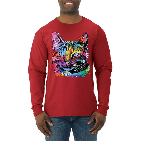 Cute Cat | Dean Russo Art Animal Lover Mens Long Sleeve Shirt, Red, Medium
