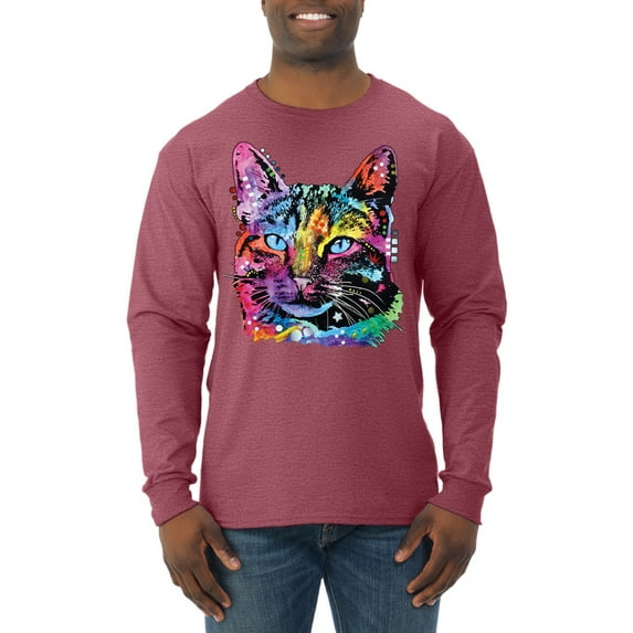 Cute Cat | Dean Russo Art Animal Lover Mens Long Sleeve Shirt, Vintage Heather Red, Small