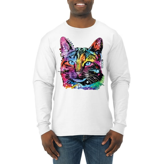 Cute Cat | Dean Russo Art Animal Lover Mens Long Sleeve Shirt, White, XX-Large