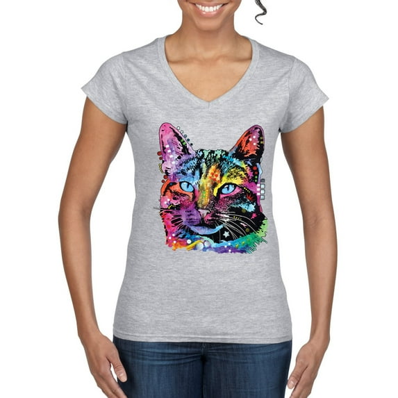 Cute Cat | Dean Russo Art Animal Lover Women’s Standard V-Neck Tee, Heather Grey, Large