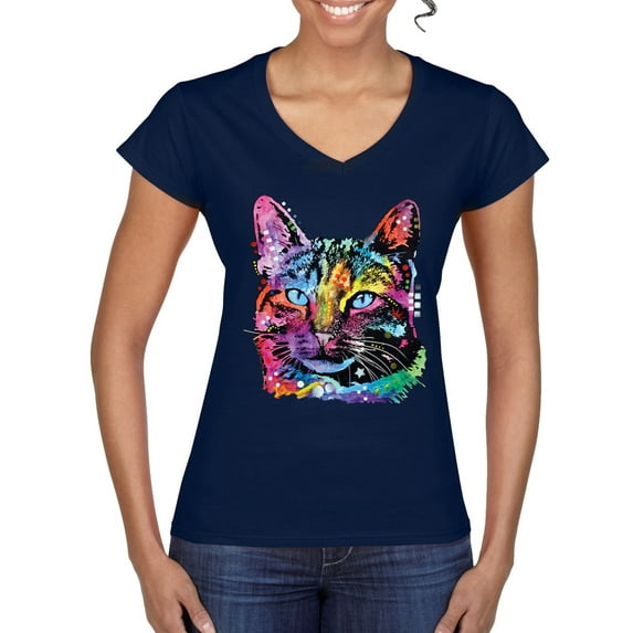 Cute Cat | Dean Russo Art Animal Lover Women’s Standard V-Neck Tee, Navy, Large
