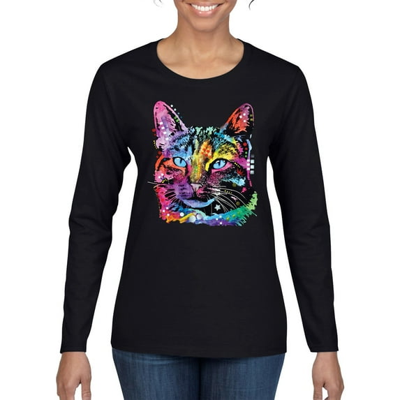 Cute Cat | Dean Russo Art Animal Lover Womens Long Sleeve T-Shirt, Black, Medium
