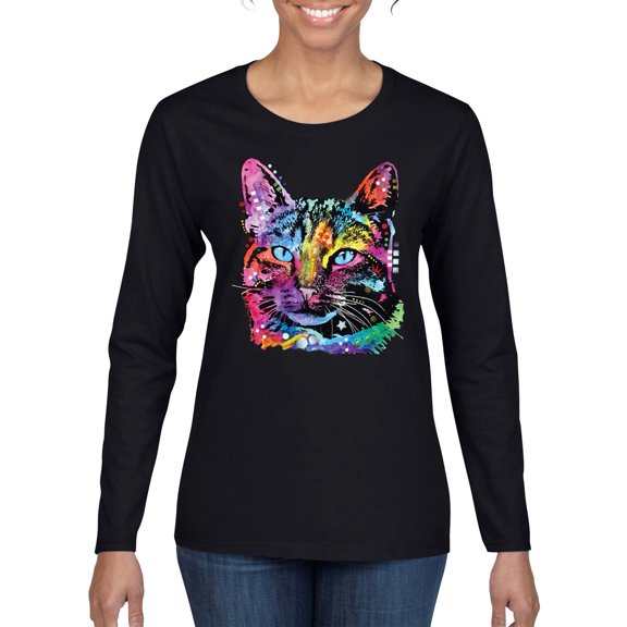 Cute Cat | Dean Russo Art Animal Lover Womens Long Sleeve T-Shirt, Black, Small