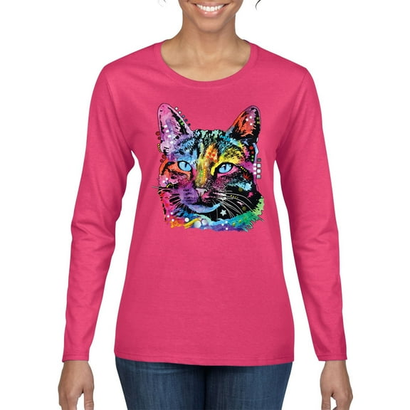 Cute Cat | Dean Russo Art Animal Lover Womens Long Sleeve T-Shirt, Fuschia, Small