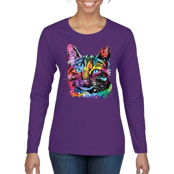 Cute Cat | Dean Russo Art Animal Lover Womens Long Sleeve T-Shirt, Purple, Large