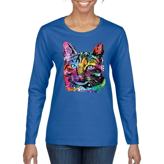 Cute Cat | Dean Russo Art Animal Lover Womens Long Sleeve T-Shirt, Royal, XX-Large
