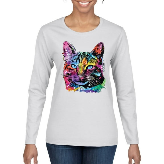 Cute Cat | Dean Russo Art Animal Lover Womens Long Sleeve T-Shirt, White, X-Large