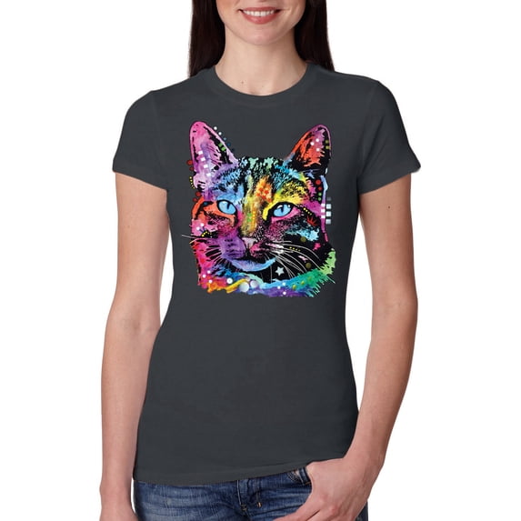 Cute Cat | Dean Russo Art Animal Lover Womens Slim Fit Junior Tee, Dark Grey, X-Large