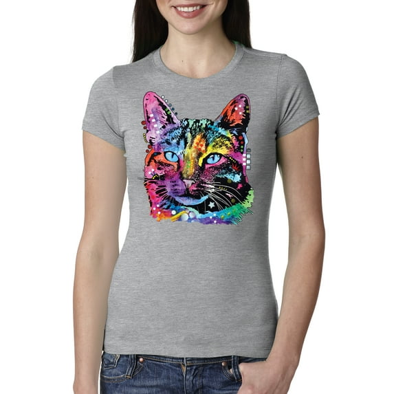 Cute Cat | Dean Russo Art Animal Lover Womens Slim Fit Junior Tee, Heather Grey, Medium