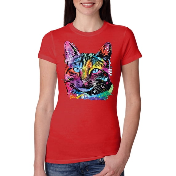 Cute Cat | Dean Russo Art Animal Lover Womens Slim Fit Junior Tee, Red, X-Large