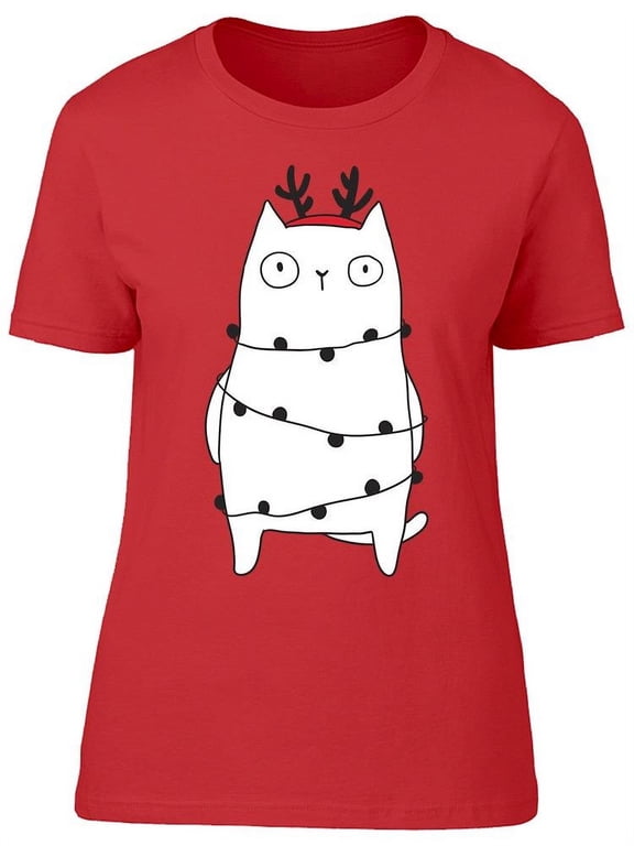 Cute Cat Deer Horns Christmas T-Shirt Women -Image by Shutterstock, Female Medium