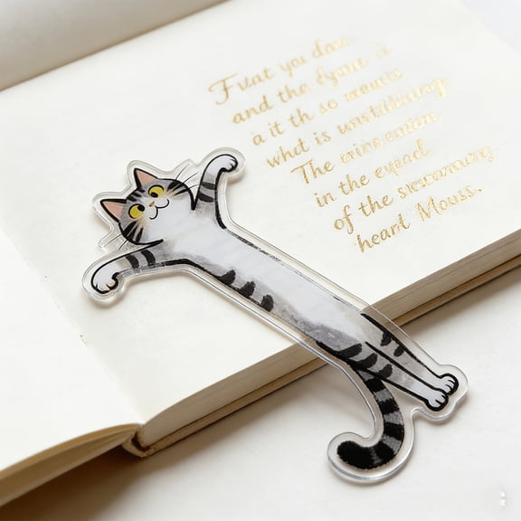 Cute Cat Design Acrylic Bookmarks, Bookmark, Transparent Acrylic Cat Shaped Bookmark with Clear Printing for Book Lovers, 4.7x0.8 Inch, Gray