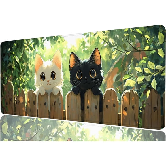 Cute Cat Desk Mat Gaming Desk Pad Large Mouse Keyboard Pad White and Black Anime Green Leave Desktop Mat for Keyboard and Mouse Extra Large Full Desk Computer Pads Desk Decor 31.5" x 11.8"