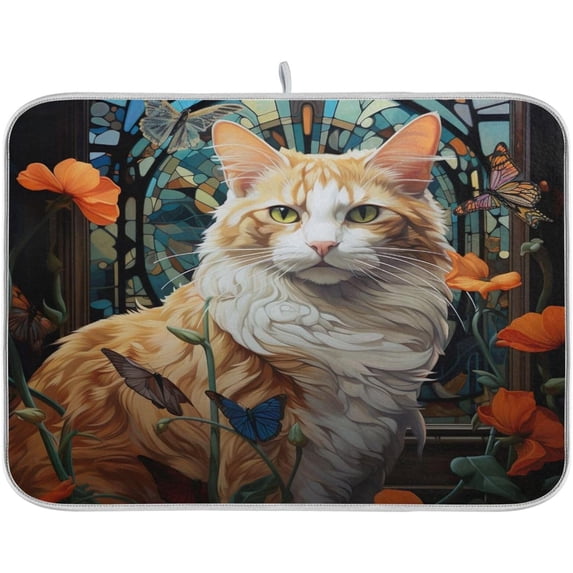 FREEAMG Dish Drying Mat Orange Cat Painting Absorbent Dry Mats for Dishes Draining Pad for Kitchen Countertop 16" x 18"