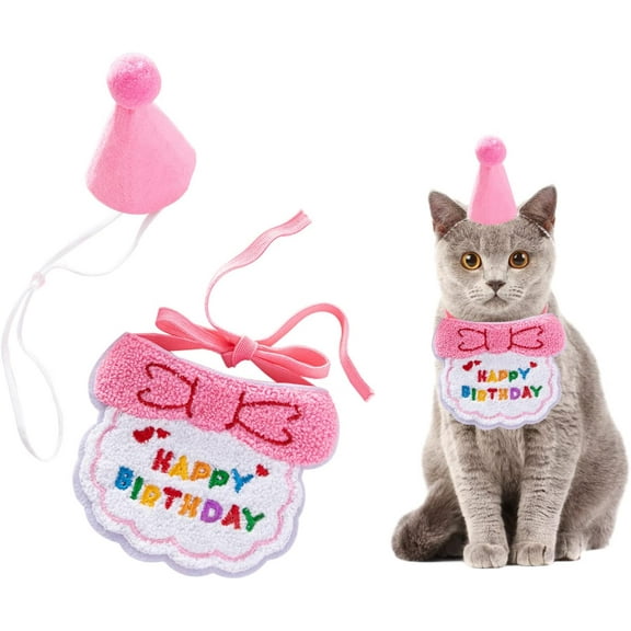 Cute Cat Dog Birthday Scarf Hat Set, Small Pet Embroidered Bandana Happy Birthday Decorations Puppy Birthday Party Supplies Kitten Birthday Bandana for Puppy Cat