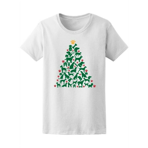 Cute Cat Dog Christmas Pine Tree T-Shirt Women -Image by Shutterstock, Female Medium