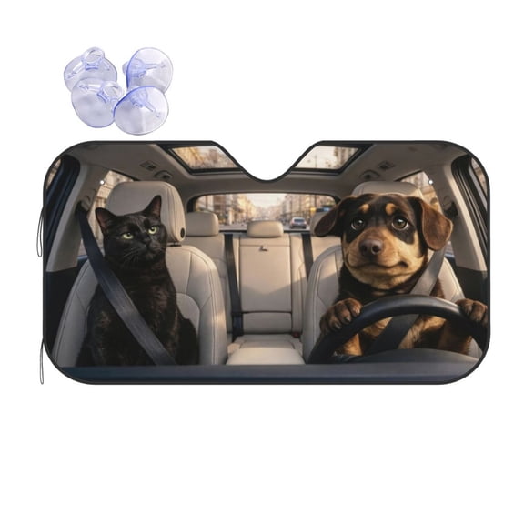 Cute Cat and Dog Driving Car Windshield Sunshade, Funny Pet Lover Foldable Front Window Sun Visor UV Heat Block Protector, Universal Fit Auto Accessories for SUV Truck