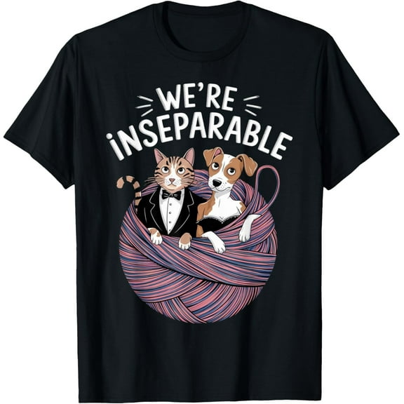 Cute Cat & Dog Inseparable Design T-Shirt – Adorable Pet Lover Graphic Tee