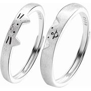 Cute Cat Dog Matching Ring for Him and Her Puppy Pet Kitten Animal Sterling Silver 999 Rings Wedding Open Couples Eternity Promise Bands Sets Jewelry