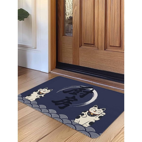 Cute Cat Door Mat Indoor Outdoor Entrance,Non Slip Small Rug for Kitchen Bathroom Entryway Rug,Navy Blue Japanese Style Animals Wave Pattern Washable Doormat Floor Mat for Office Home Decor 16x24 Inc