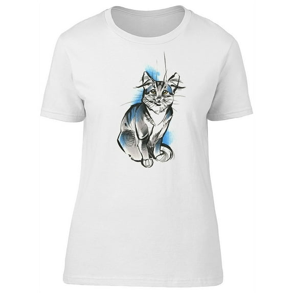 Cute Cat Drawing On A Blue Spot T-Shirt Women -Image by Shutterstock, Female Large