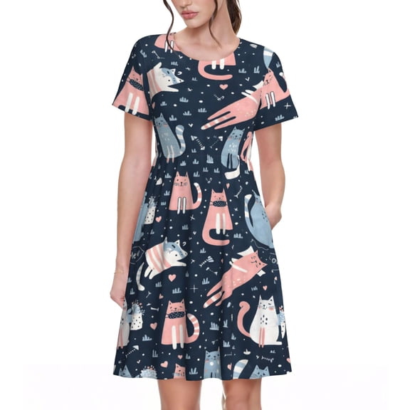 Cute Cat Dresses Short Sleeve Nightdresses for Women