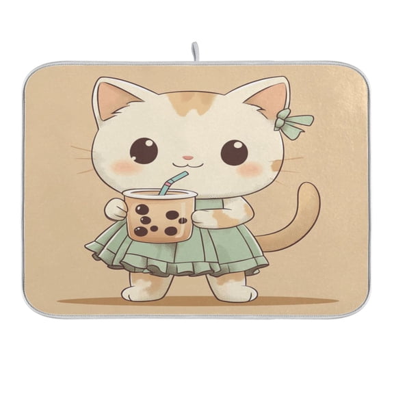 Cute Cat Drink Bubble Tea Dish Drying Mat 16x18 Absorbent Microfiber Draining Rack Pad for Kitchen Counter Sink
