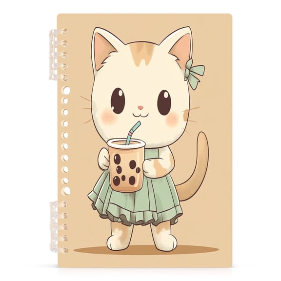 Cute Cat Drink Bubble Tea Notebooks 1-subject Journal 60 Sheets A5 College Ruled Paper Detachable Ring 8.3"x5.7"
