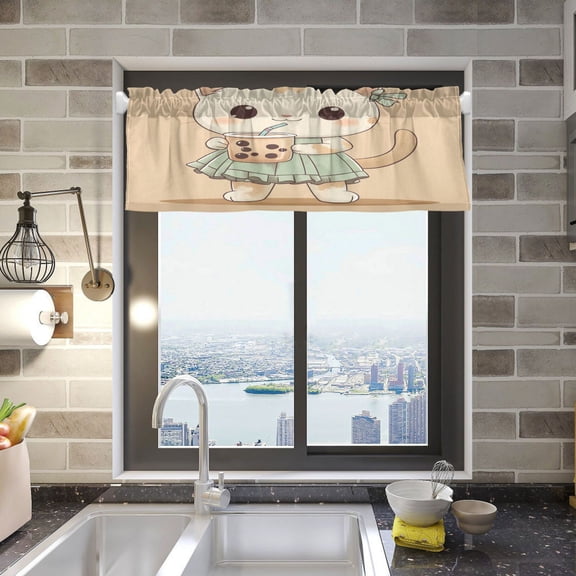 Cute Cat Drink Bubble Tea Valance Curtains Rod Pocket for Kitchen Living Room Windows Farmhouse Decor 54x18