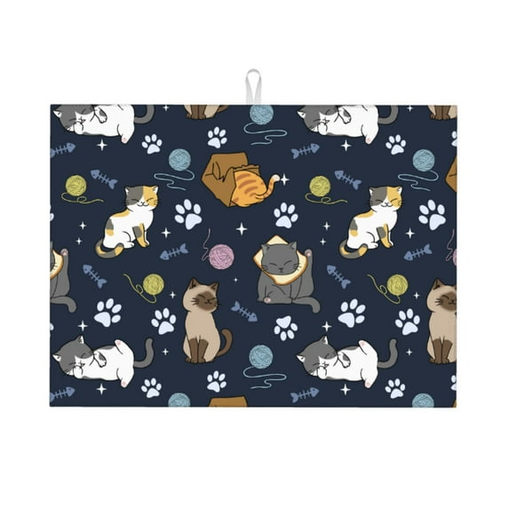 Cute Cat Drying Mat 18” X 24” – Absorbent Microfiber Kitchen Counter Mat For Dishes, Utensils & Produce | Non-Slip, Quick-Dry, Machine Washable