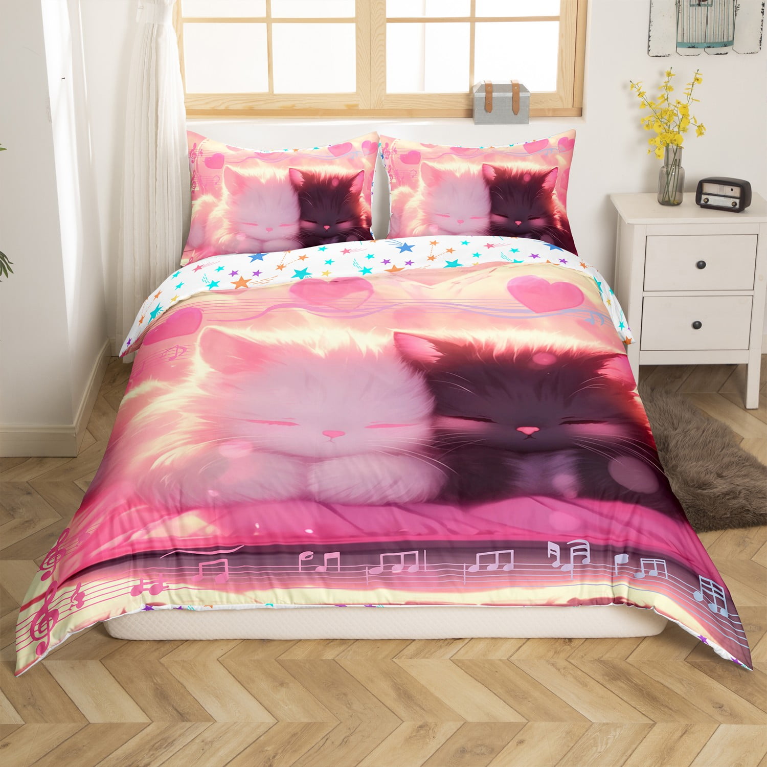 Cute Cat Duvet Cover Full for Girls Kids Lovely Cartoon Aniaml Cat