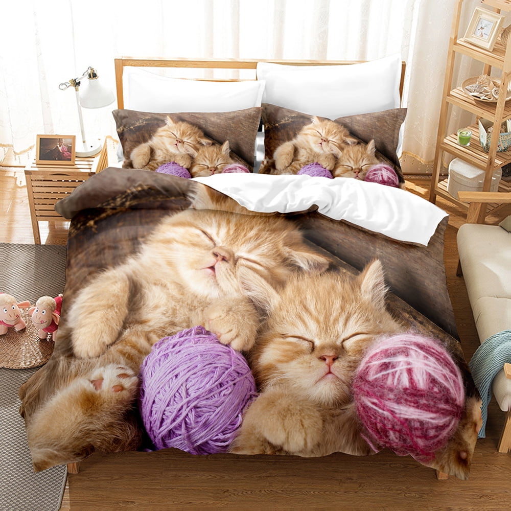 Cute Cat Duvet Cover Full Size Teens Cat Bedding Set 3pcs for Kids