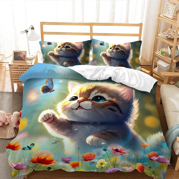 Cute Cat Duvet Cover Set for Girls,3 Pieces Kids Bedding Kawaii Comforter Cover Set,Spring Floral Cat and Butterfly Comforter Cover Set, 1 Quilt Cover and 2 Pillowcases
