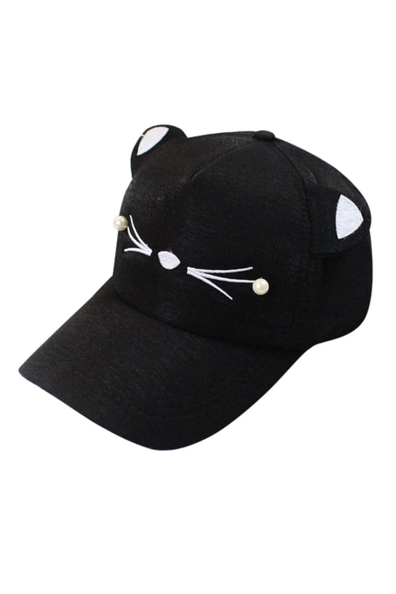 Cute Cat Ear Baseball Cap for Girls Pearl Decoration Sweet Sunshade Snapback Hat for Women