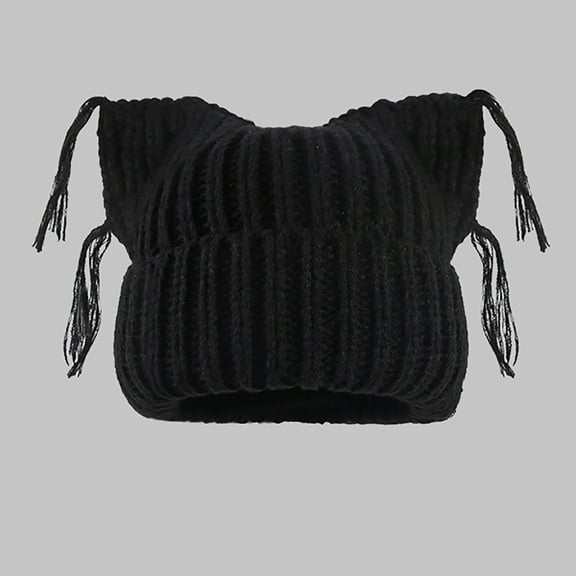 Cute Cat Ear Beanies for Women Y2K Slouchy Crochet Beanie Hat Soft Warm Knitted Winter Hats Tassel Chunky Knit Skull Cap