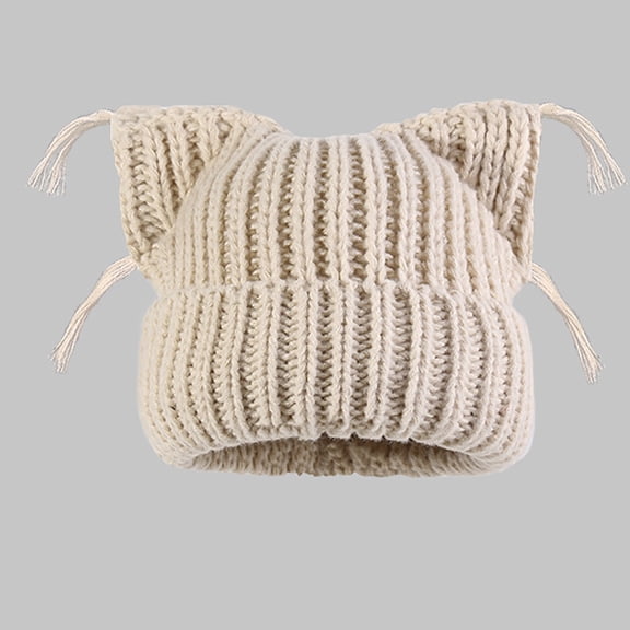 Cute Cat Ear Beanies for Women Y2K Slouchy Crochet Beanie Hat Soft Warm Knitted Winter Hats Tassel Chunky Knit Skull Cap