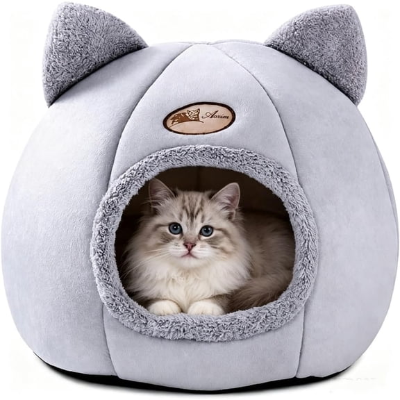 Cute Cat Ear Cave Bed for Indoor Cats and Small Dogs, Plush Hooded Pet Bed with Removable Cushion and Non-Slip Waterproof Bottom