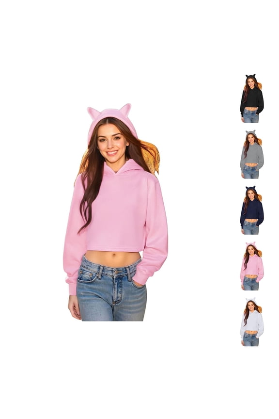 Cute Cat Ear Cropped Hoodies for Women Fall Winter Casual Long Sleeve Hooded Sweatshirt Pullover Tops