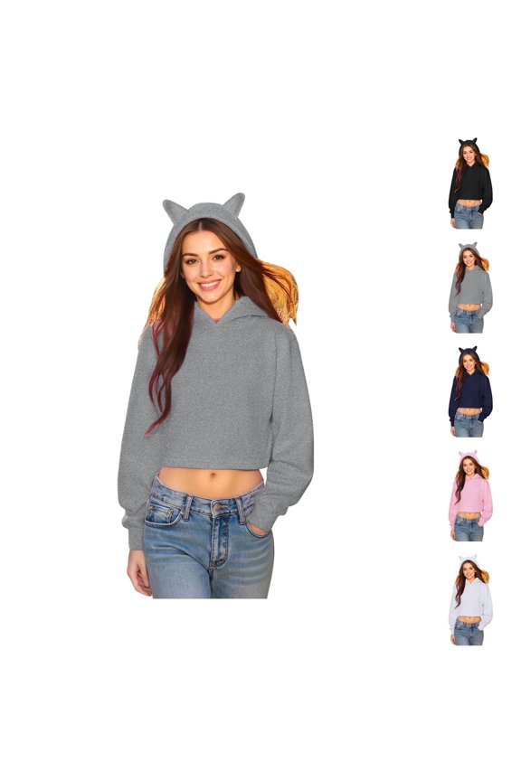Cute Cat Ear Cropped Hoodies for Women Fall Winter Casual Long Sleeve Hooded Sweatshirt Pullover Tops