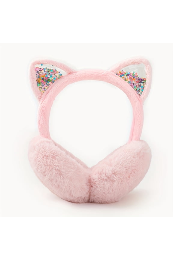 Cute Cat Ear Earmuffs for Teen Girls - Foldable Winter Ear Warmers, Sparkle Sequin Design, Solid Color, Polyester, Suitable for Ages 15+